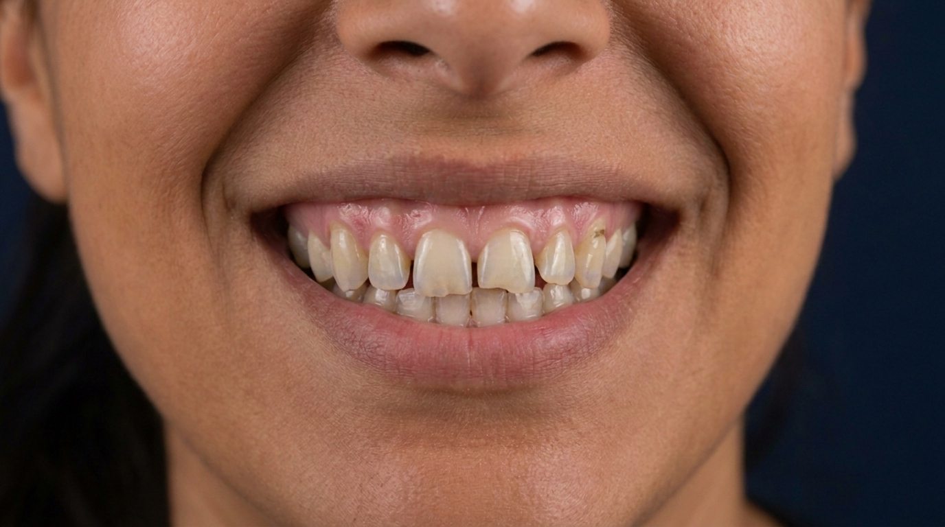 Before: uneven, discolored teeth with gaps