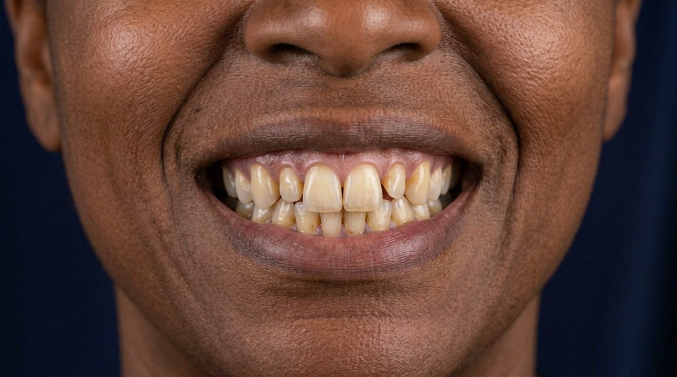 Before: stained teeth, uneven smile line